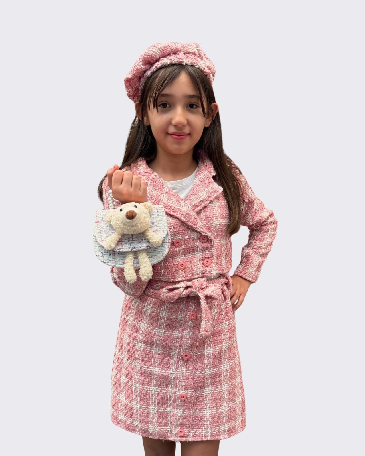 Conjunto Tweed Rosa – Falda + Saco + Boina (Tallas 4 a 14 años)