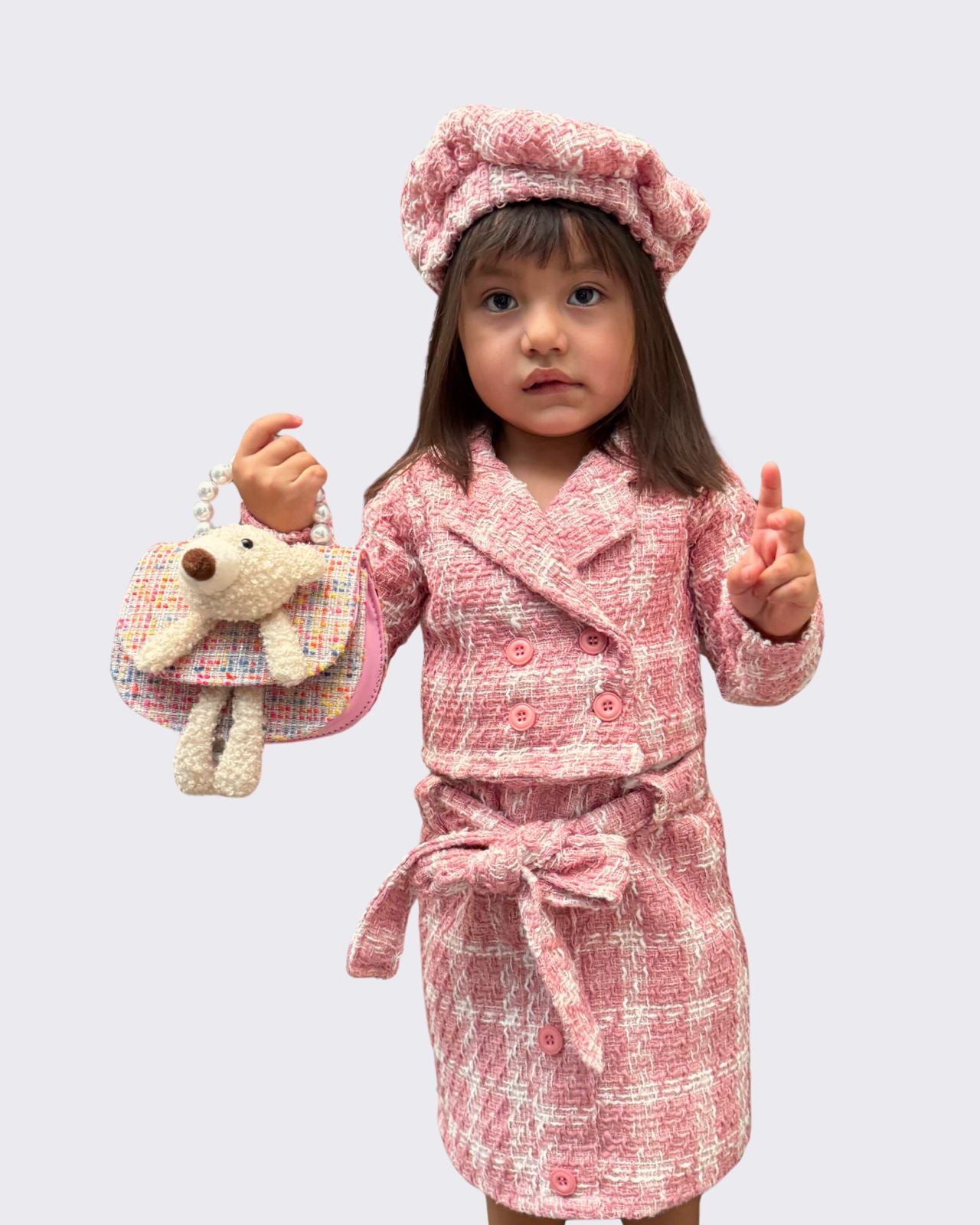 Conjunto Tweed Rosa – Falda + Saco + Boina (Tallas 4 a 14 años)