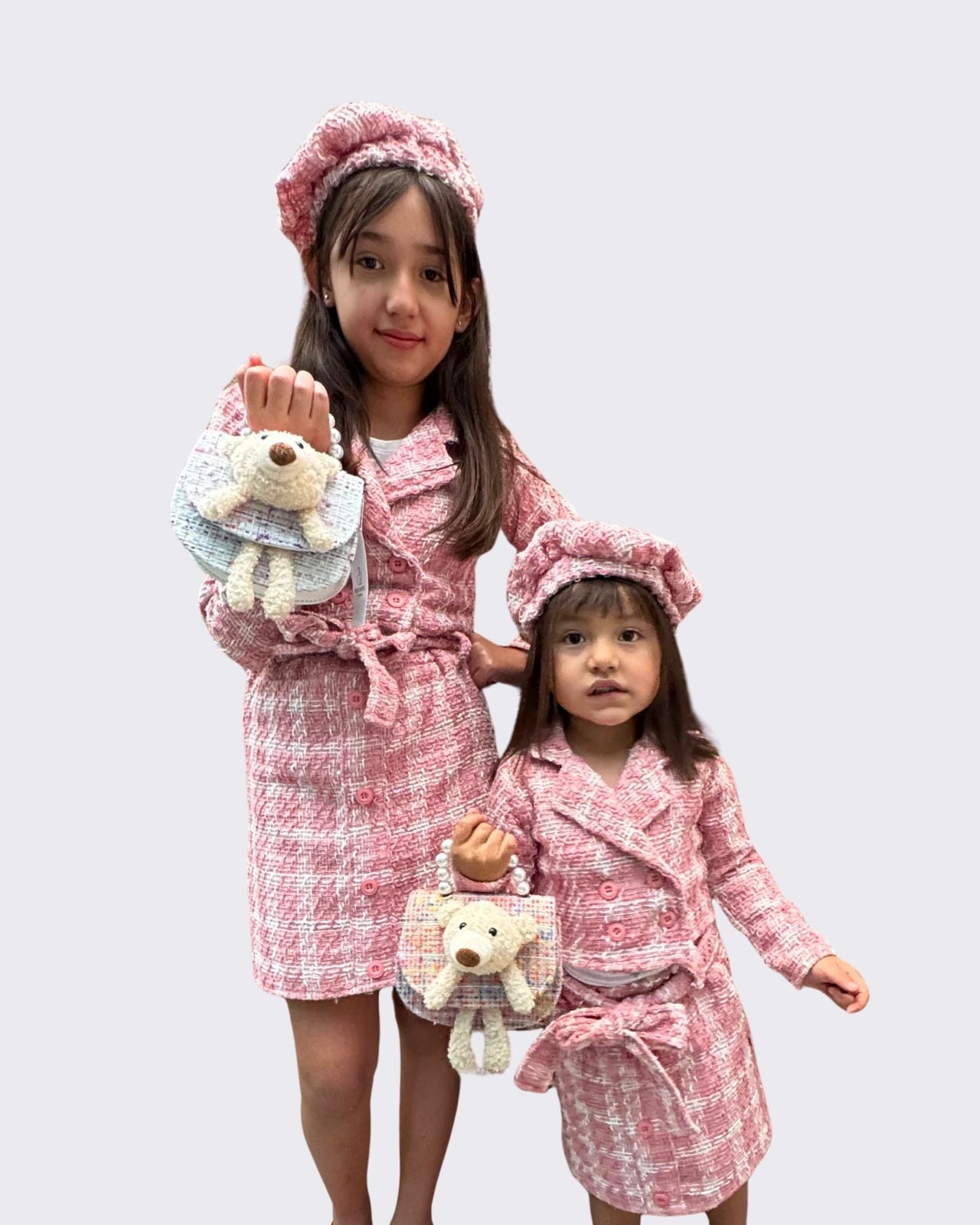 Conjunto Tweed Rosa – Falda + Saco + Boina (Tallas 4 a 14 años)